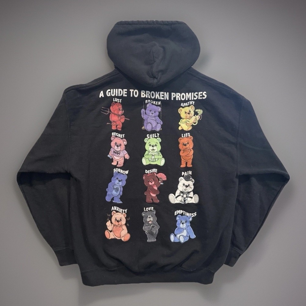 Broken Promises Bears Pullover Hoodie Mens Sz L Guide To Black 2 Sided Graphic